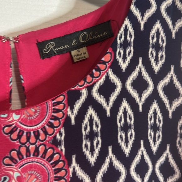 Rose + Olive Ikat Print Shift Dress Size 8 Womens Pink White Sleeveless - Picture 2 of 3